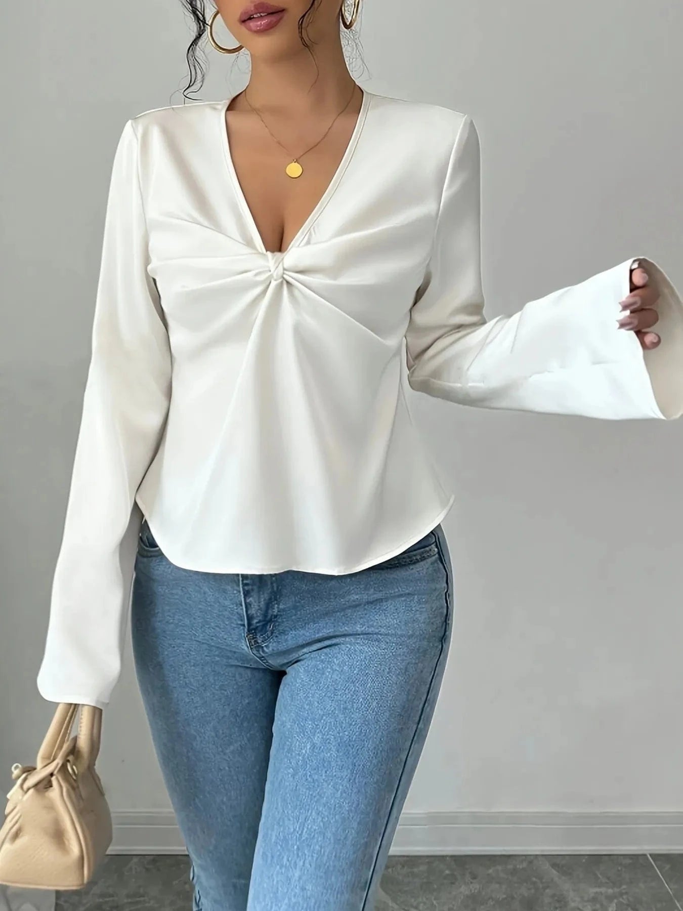V-Neck Twist Front Long Sleeve Blouse The Nichole Collection