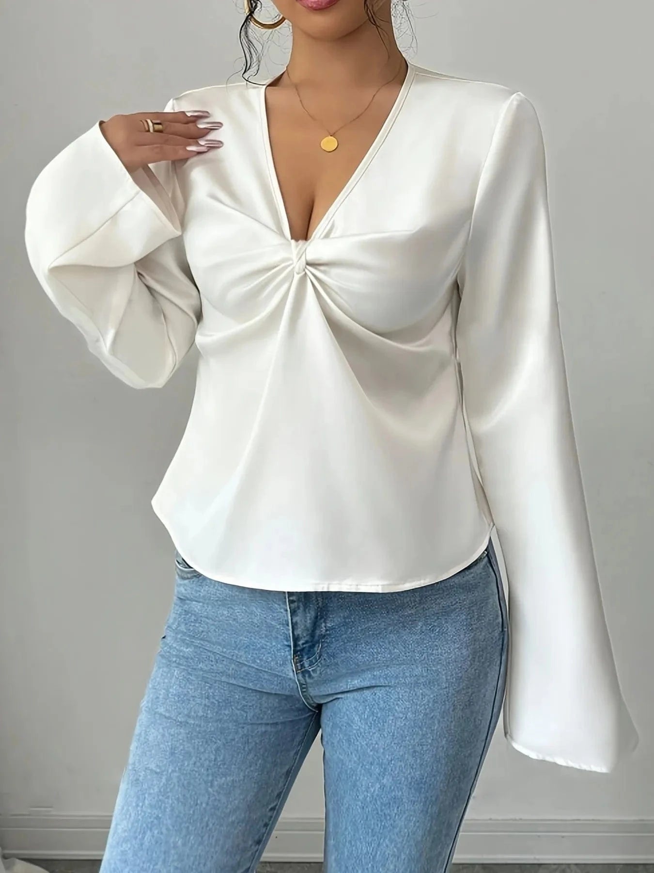 V-Neck Twist Front Long Sleeve Blouse White / S The Nichole Collection
