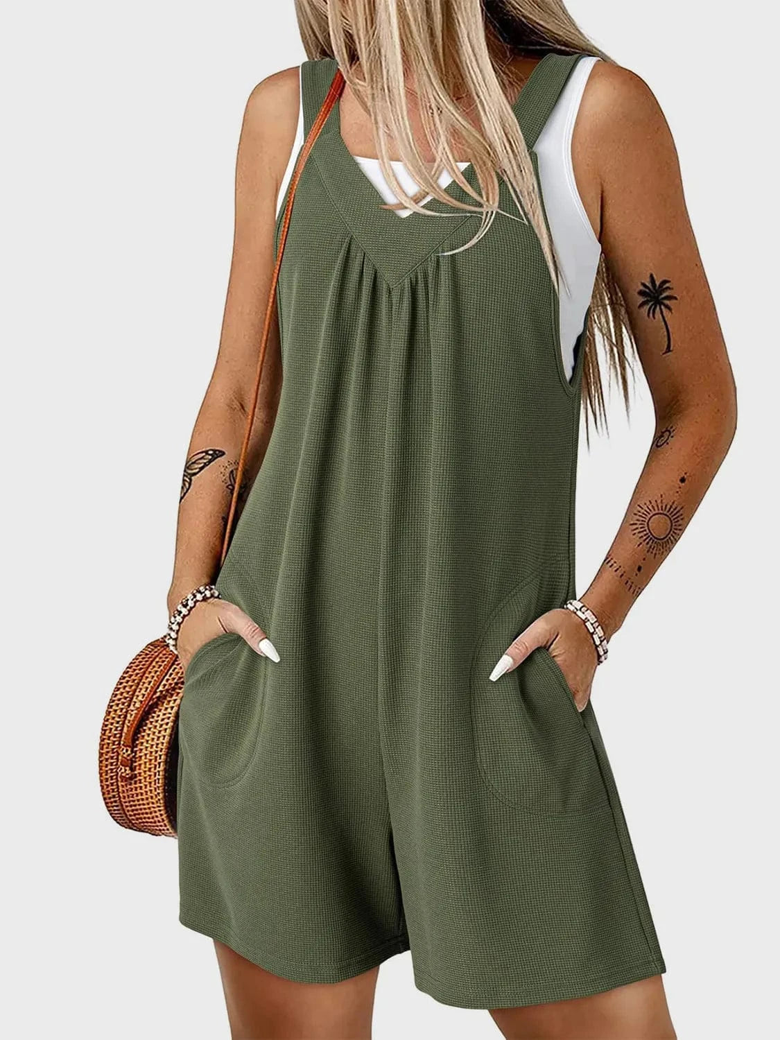 V-Neck Wide Strap Romper Moss / S The Nichole Collection