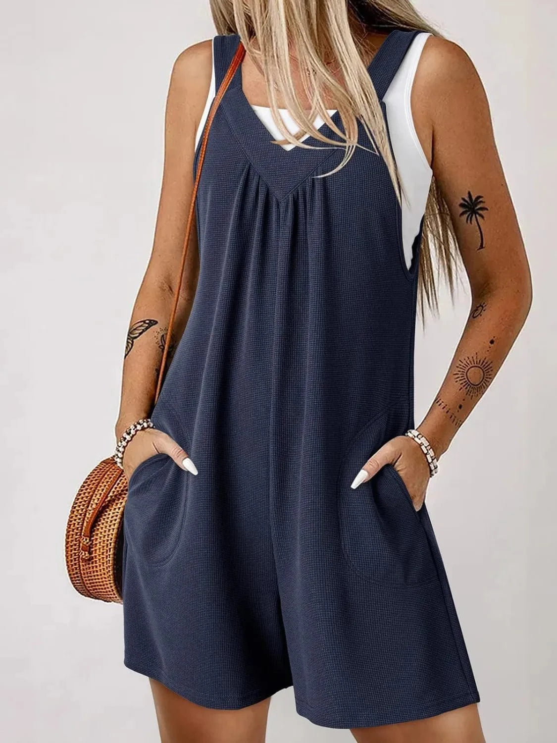 V-Neck Wide Strap Romper Dark Blue / S The Nichole Collection