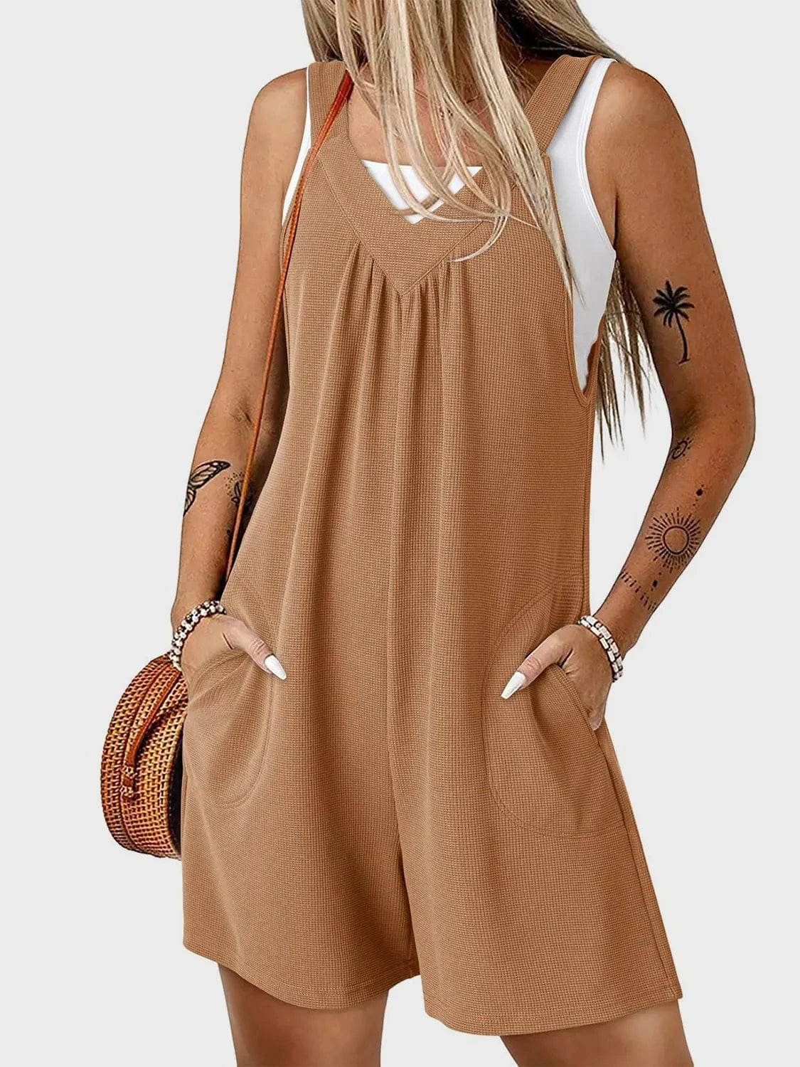 V-Neck Wide Strap Romper Mustard / S The Nichole Collection
