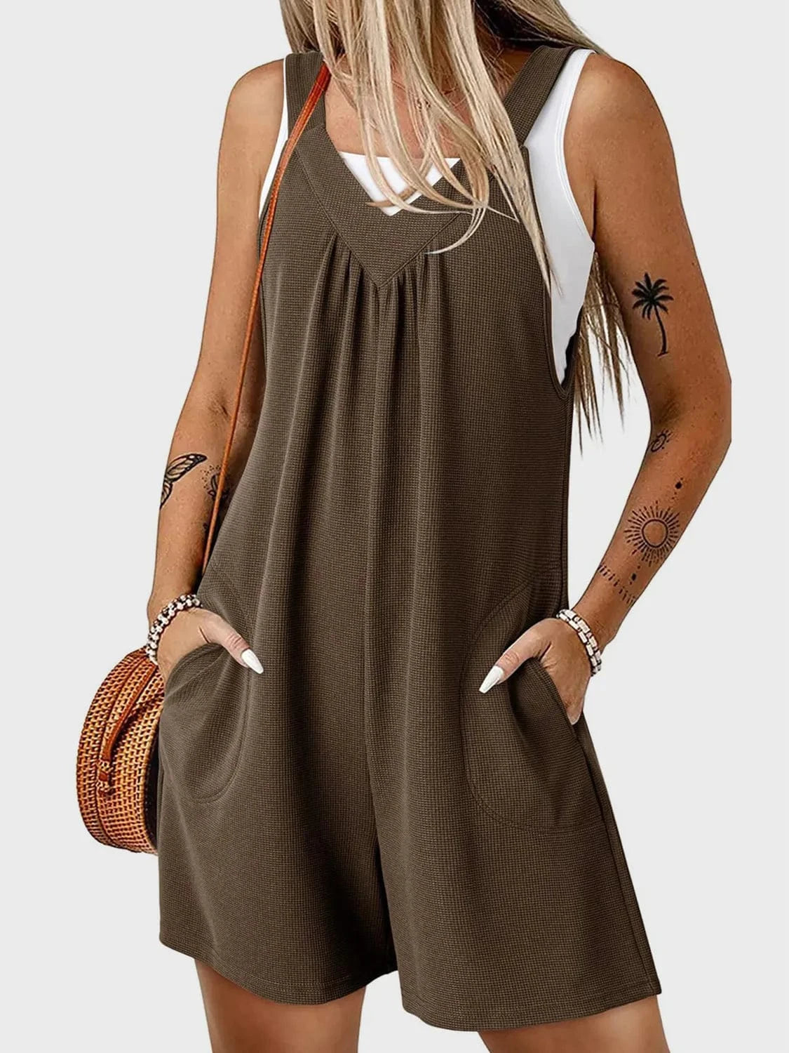 V-Neck Wide Strap Romper Coffee Brown / S The Nichole Collection
