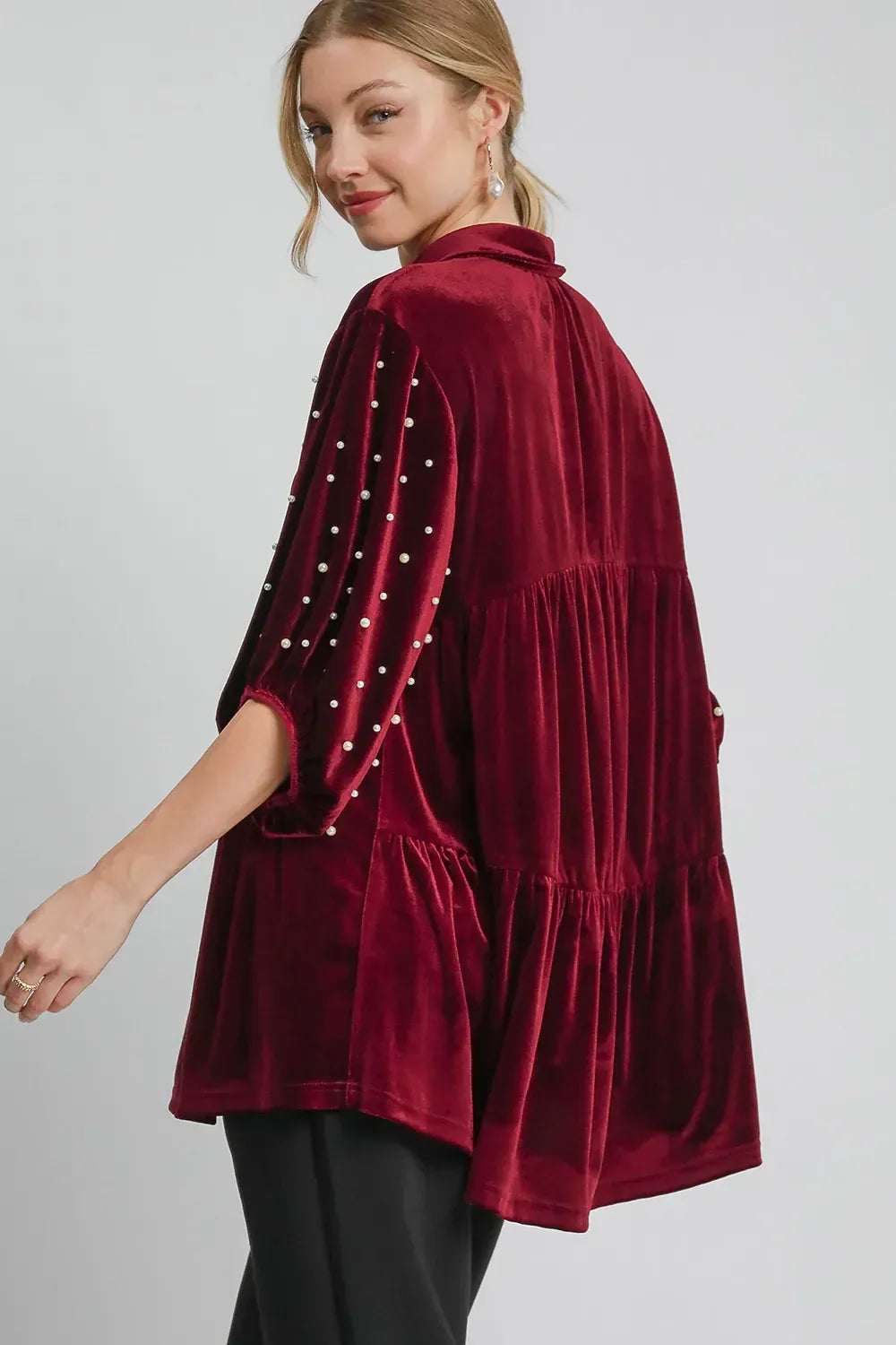 Velvet Babydoll Blouse with Pearl-Embellished Collar Shirts & Tops The Nichole Collection