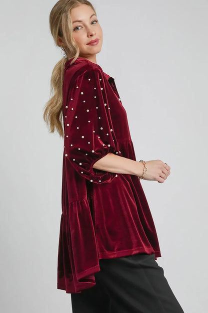 Velvet Babydoll Blouse with Pearl-Embellished Collar Shirts & Tops The Nichole Collection