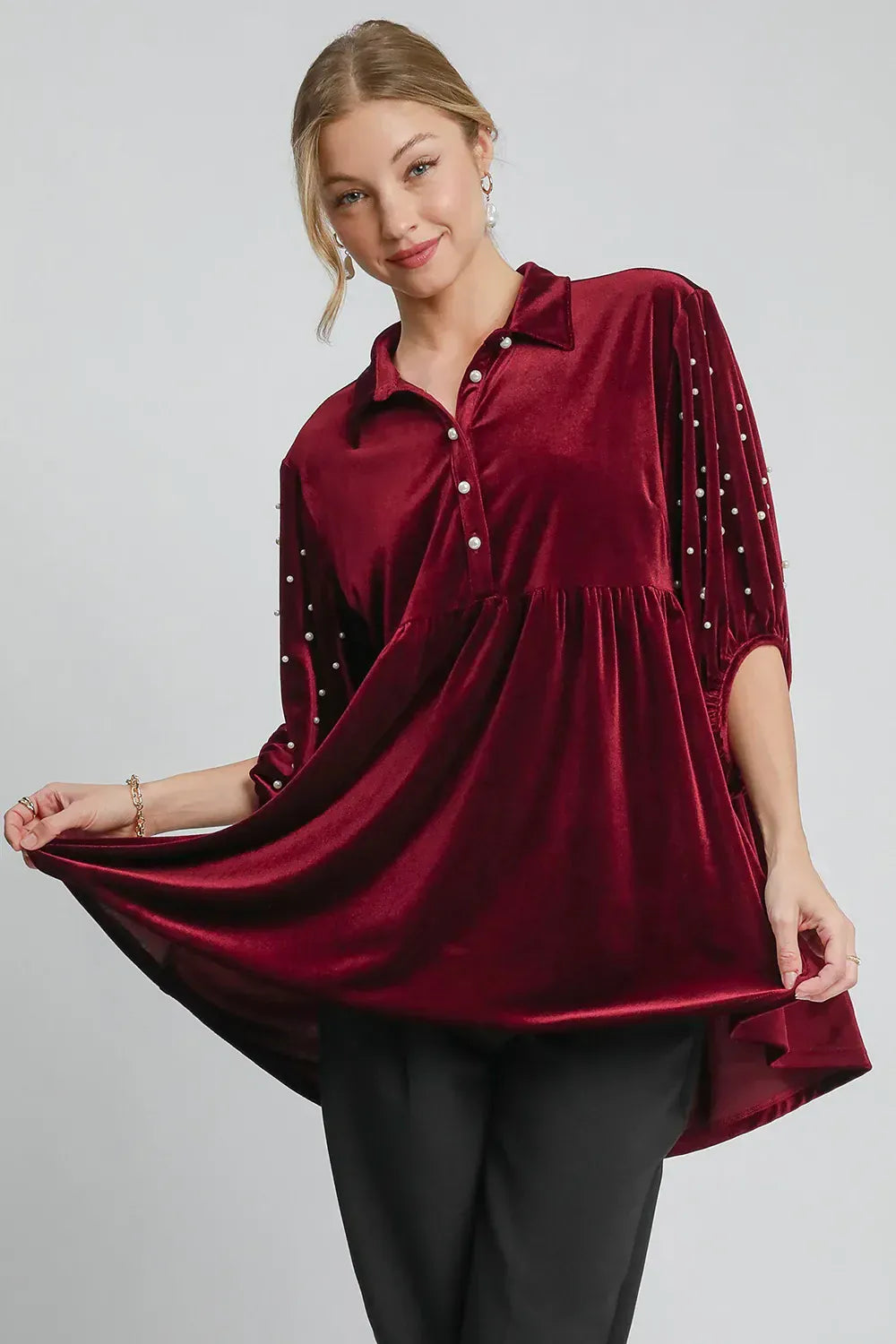 Velvet Babydoll Blouse with Pearl-Embellished Collar Shirts & Tops Burgundy / S The Nichole Collection