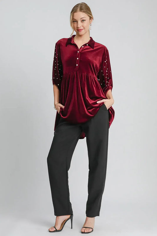 Velvet Babydoll Blouse with Pearl-Embellished Collar Shirts & Tops The Nichole Collection