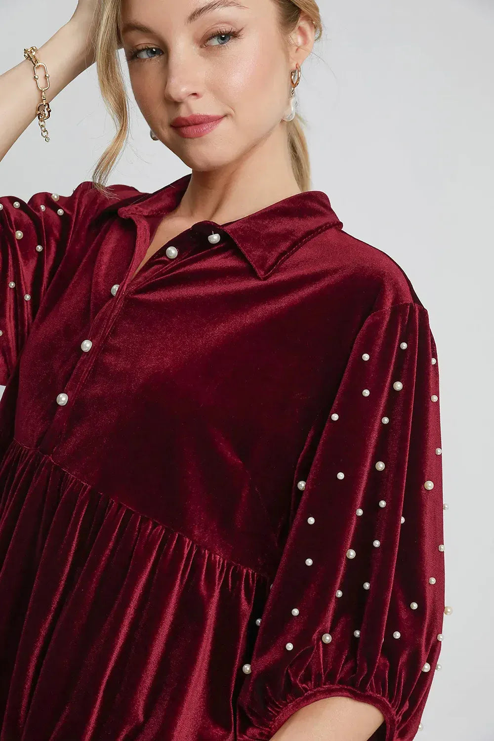 Velvet Babydoll Blouse with Pearl-Embellished Collar Shirts & Tops The Nichole Collection
