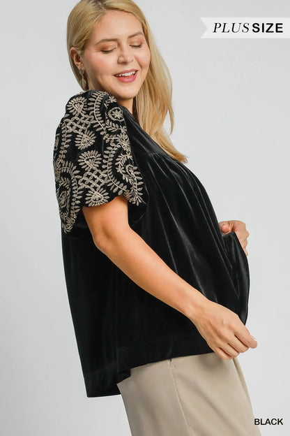 Velvet Blouse with Elegant Embroidered Sleeves Shirts & Tops The Nichole Collection