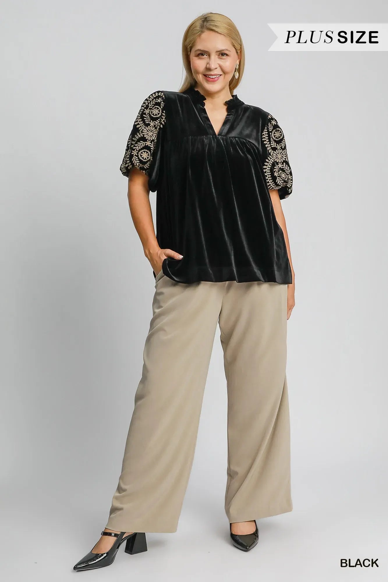 Velvet Blouse with Elegant Embroidered Sleeves Shirts & Tops The Nichole Collection