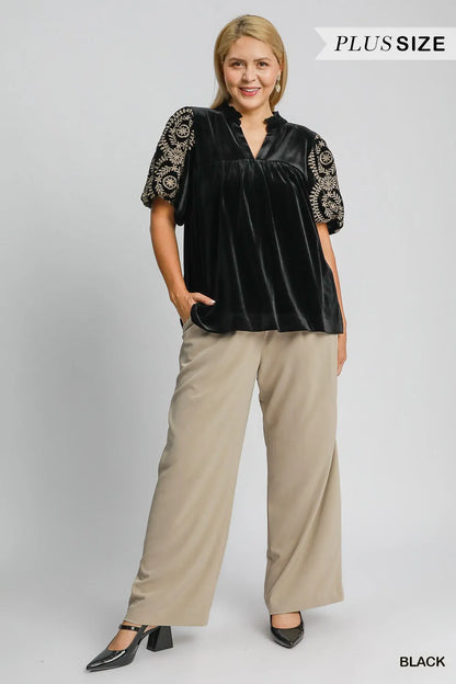 Velvet Blouse with Elegant Embroidered Sleeves Shirts & Tops The Nichole Collection