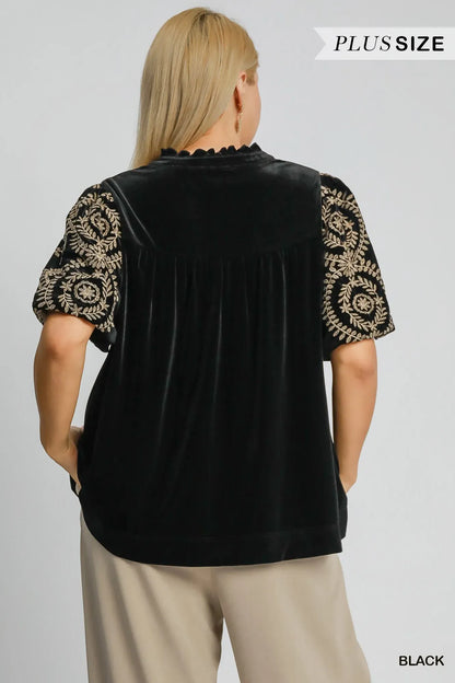 Velvet Blouse with Elegant Embroidered Sleeves Shirts & Tops The Nichole Collection