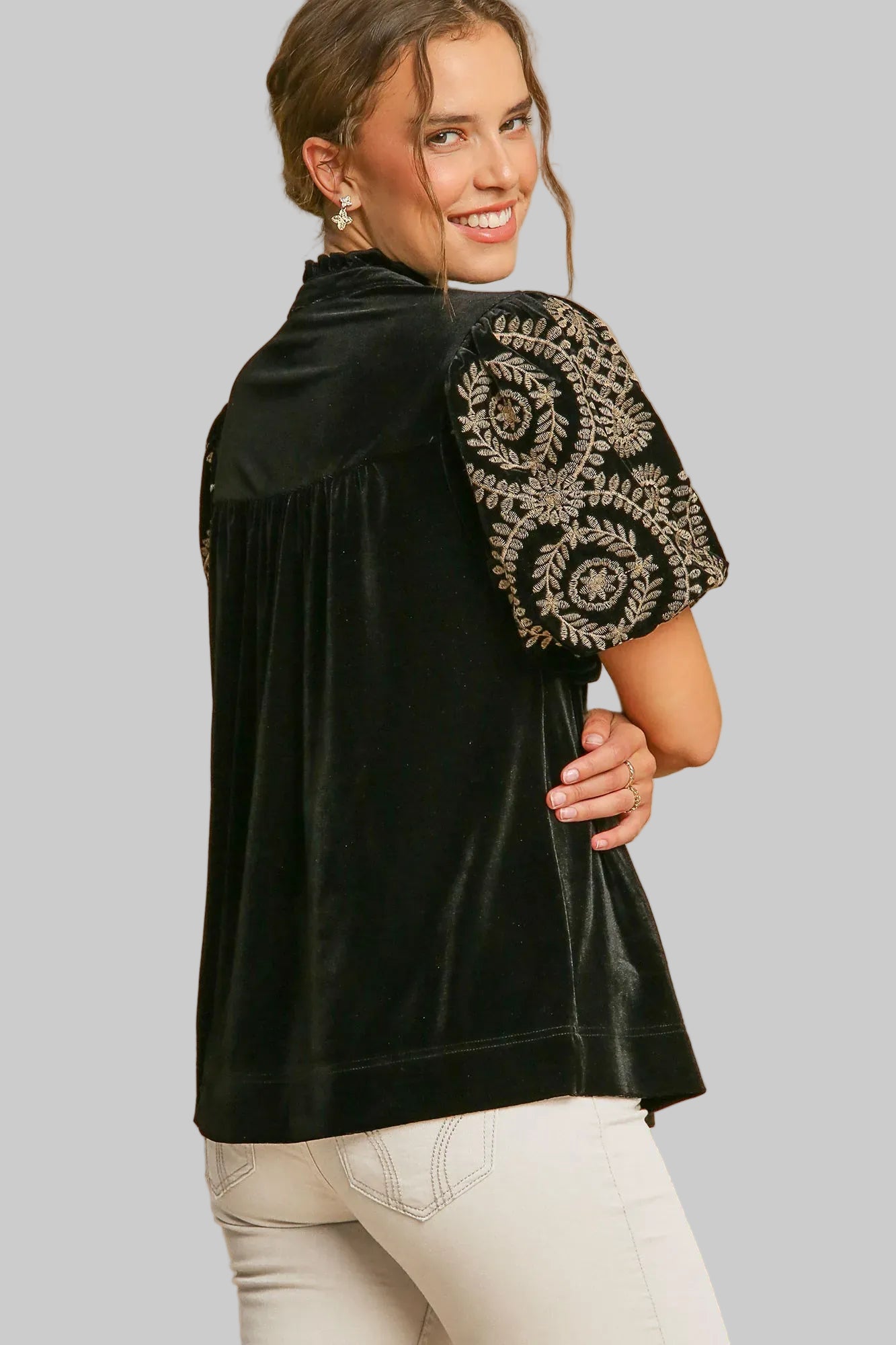 Velvet Blouse with Elegant Embroidered Sleeves Shirts & Tops The Nichole Collection