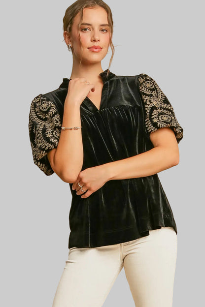 Velvet Blouse with Elegant Embroidered Sleeves Shirts & Tops Black / S The Nichole Collection