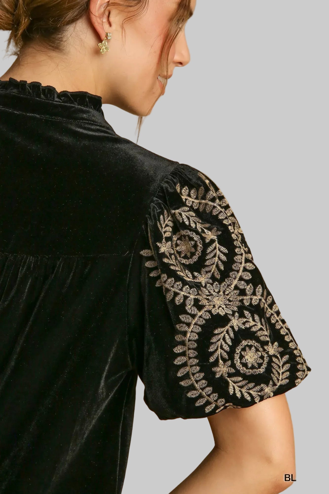 Velvet Blouse with Elegant Embroidered Sleeves Shirts & Tops The Nichole Collection