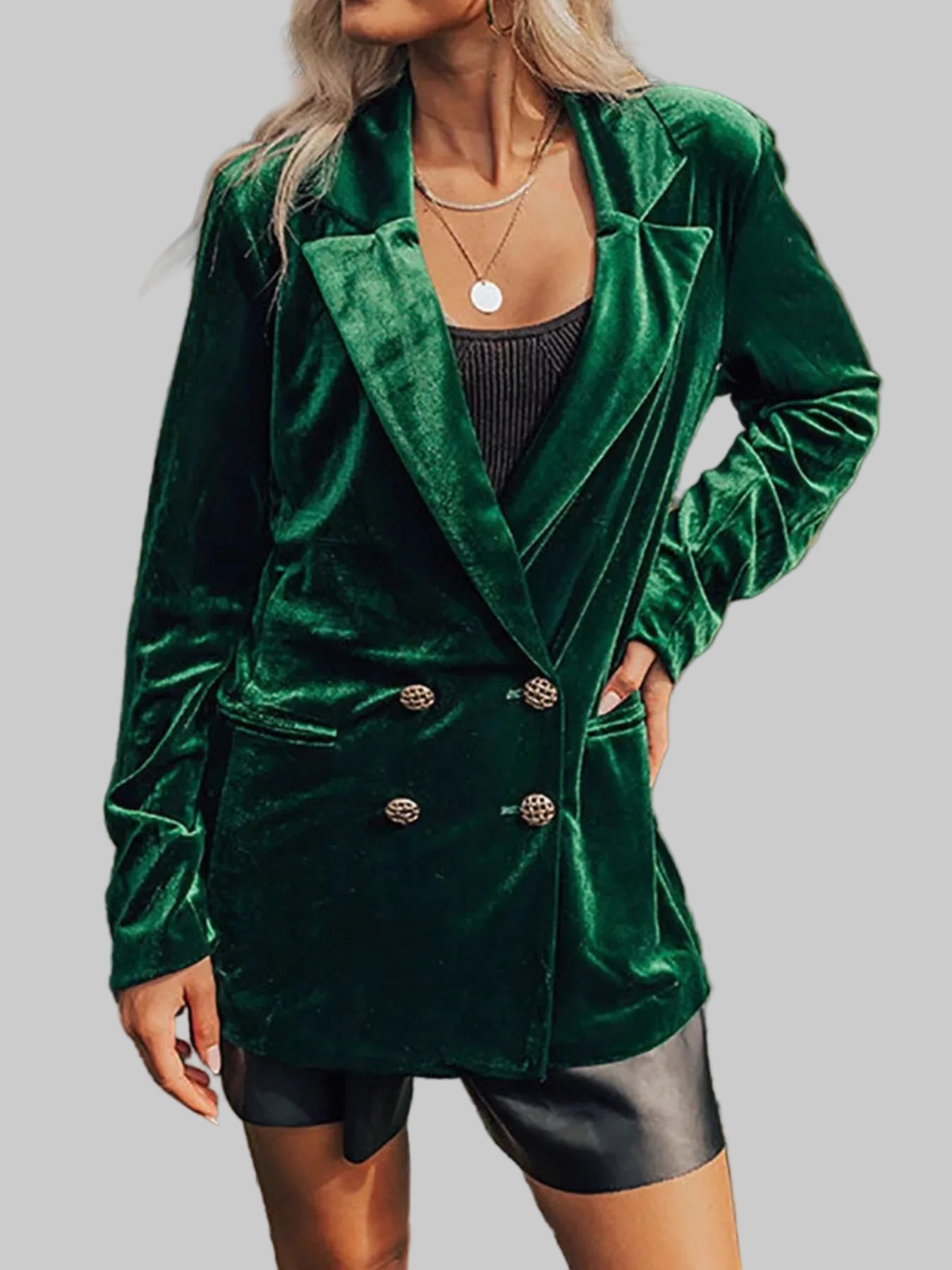 Velvet Lapel Collar Button Up Blazer Dark Green / S The Nichole Collection