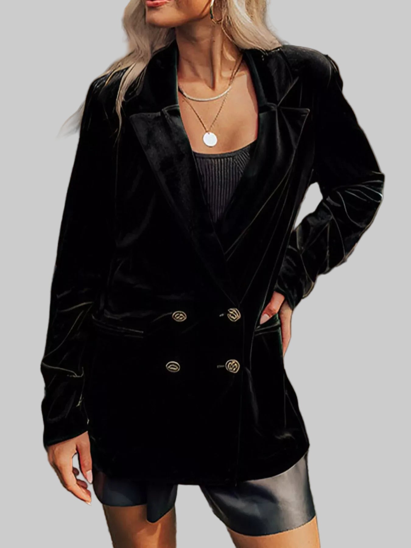 Velvet Lapel Collar Button Up Blazer Black / S The Nichole Collection
