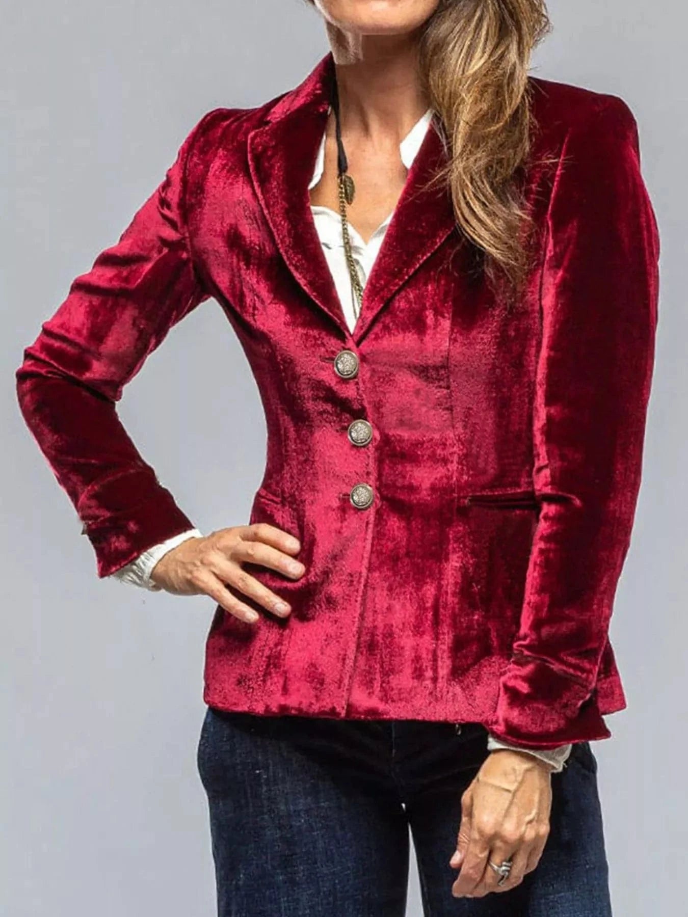 Velvet Lapel Collar Button Up Blazer Trendsi