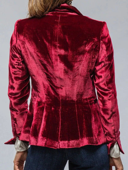 Velvet Lapel Collar Button Up Blazer Trendsi