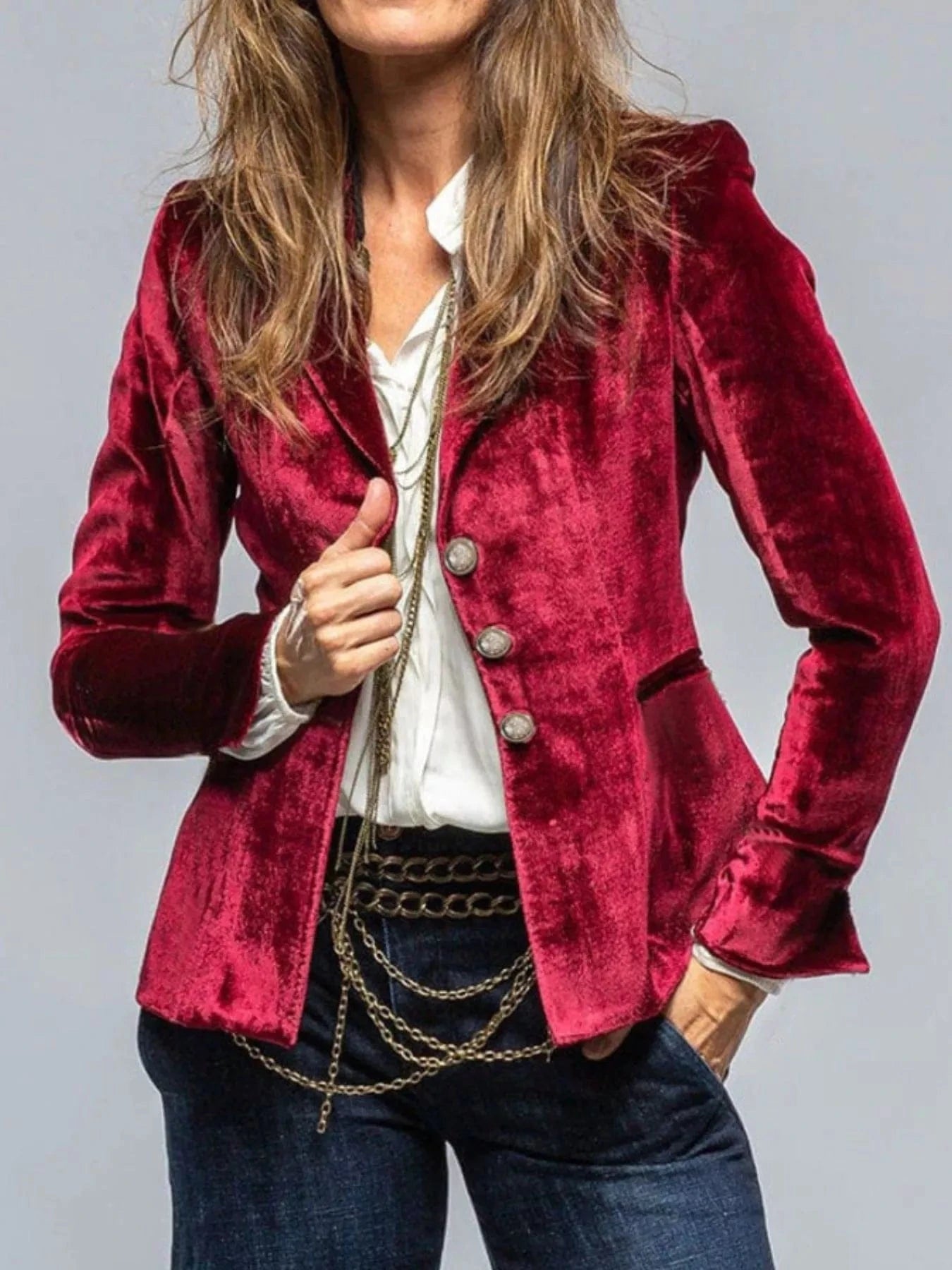 Velvet Lapel Collar Button Up Blazer Wine Red / S Trendsi