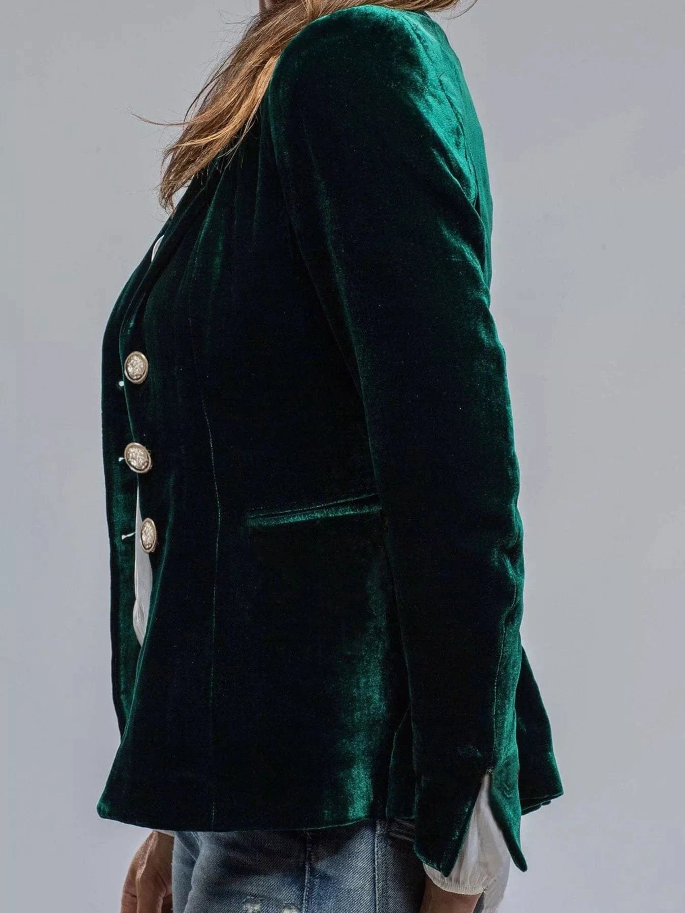 Velvet Lapel Collar Button Up Blazer Trendsi