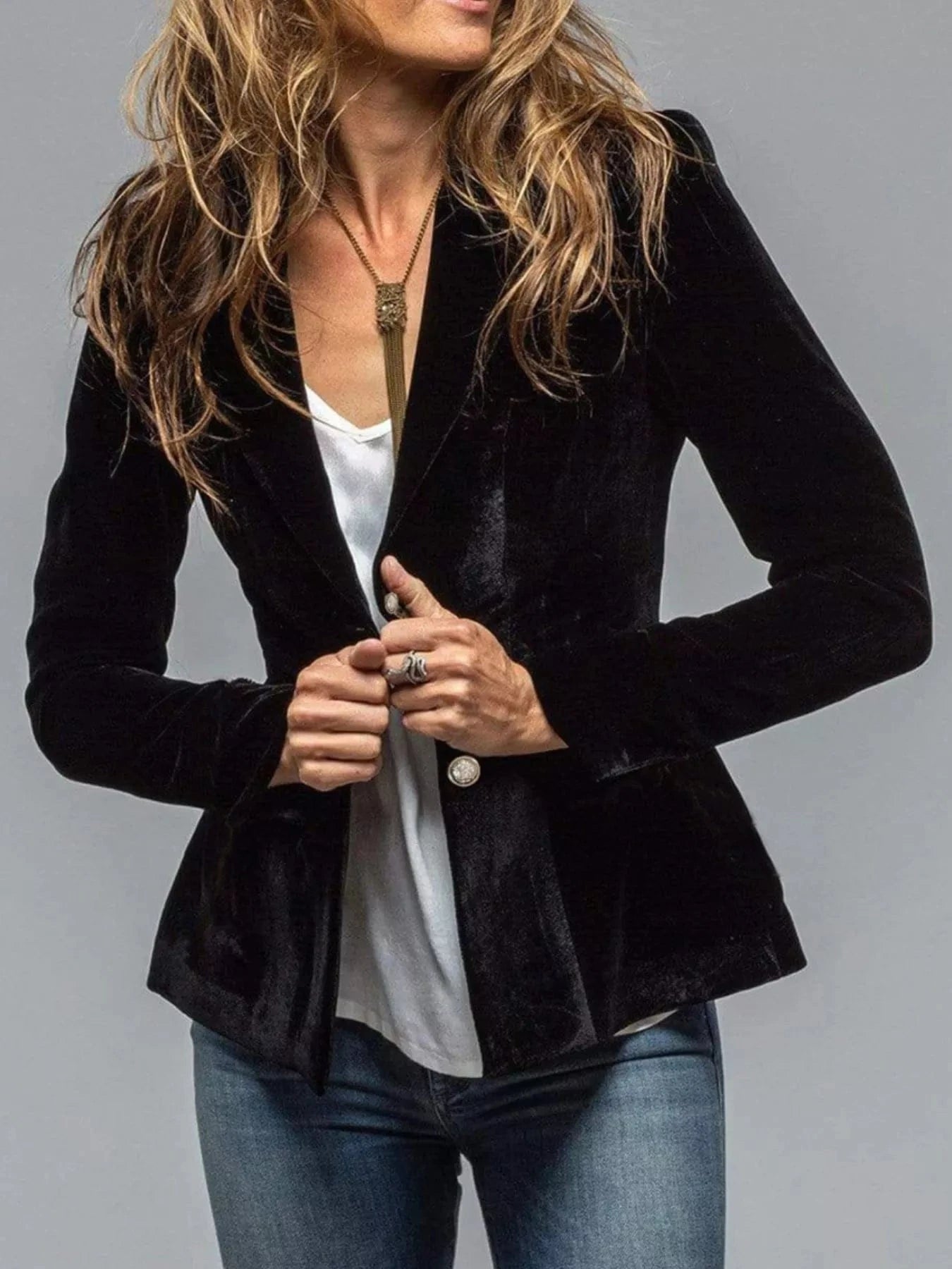 Velvet Lapel Collar Button Up Blazer Black / S Trendsi