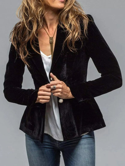 Velvet Lapel Collar Button Up Blazer Black / S Trendsi