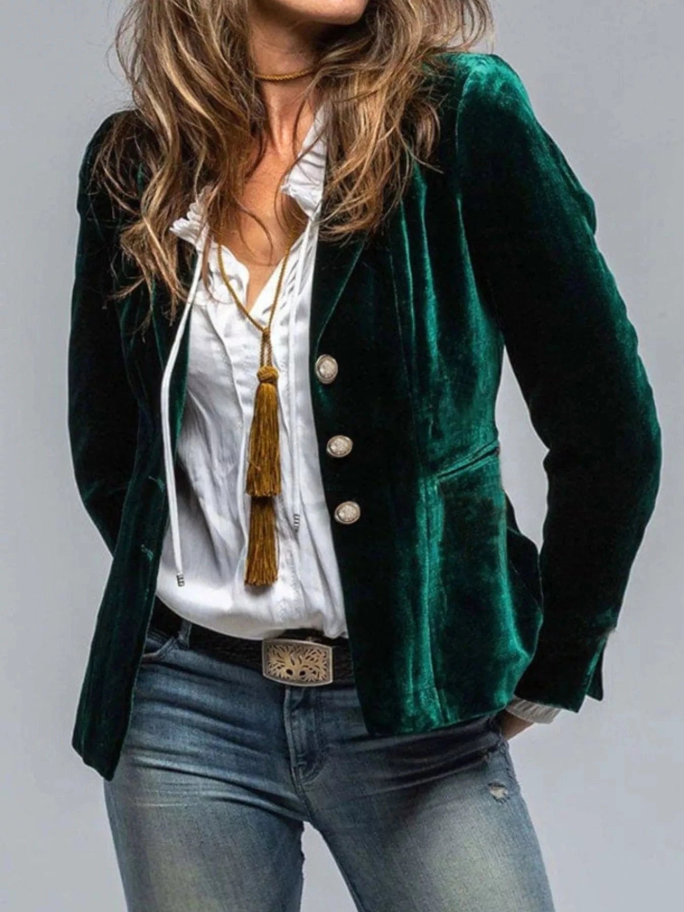 Velvet Lapel Collar Button Up Blazer Dark Green / S Trendsi