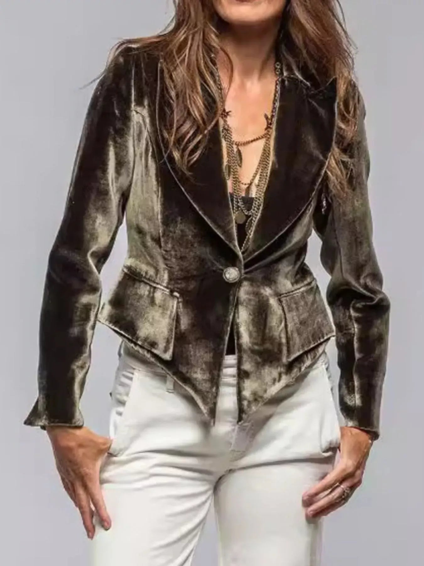 Velvet Lapel Collar One Button Blazer Military Green / S The Nichole Collection