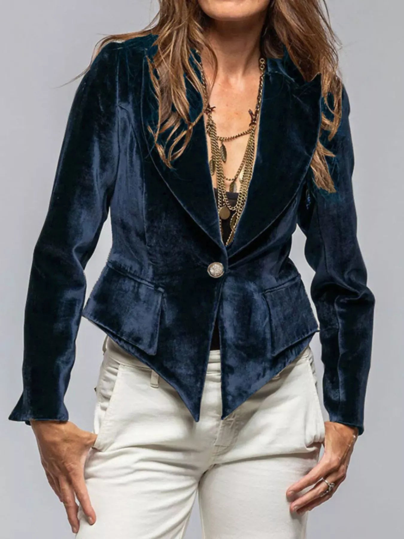 Velvet Lapel Collar One Button Blazer Navy Blue / S The Nichole Collection