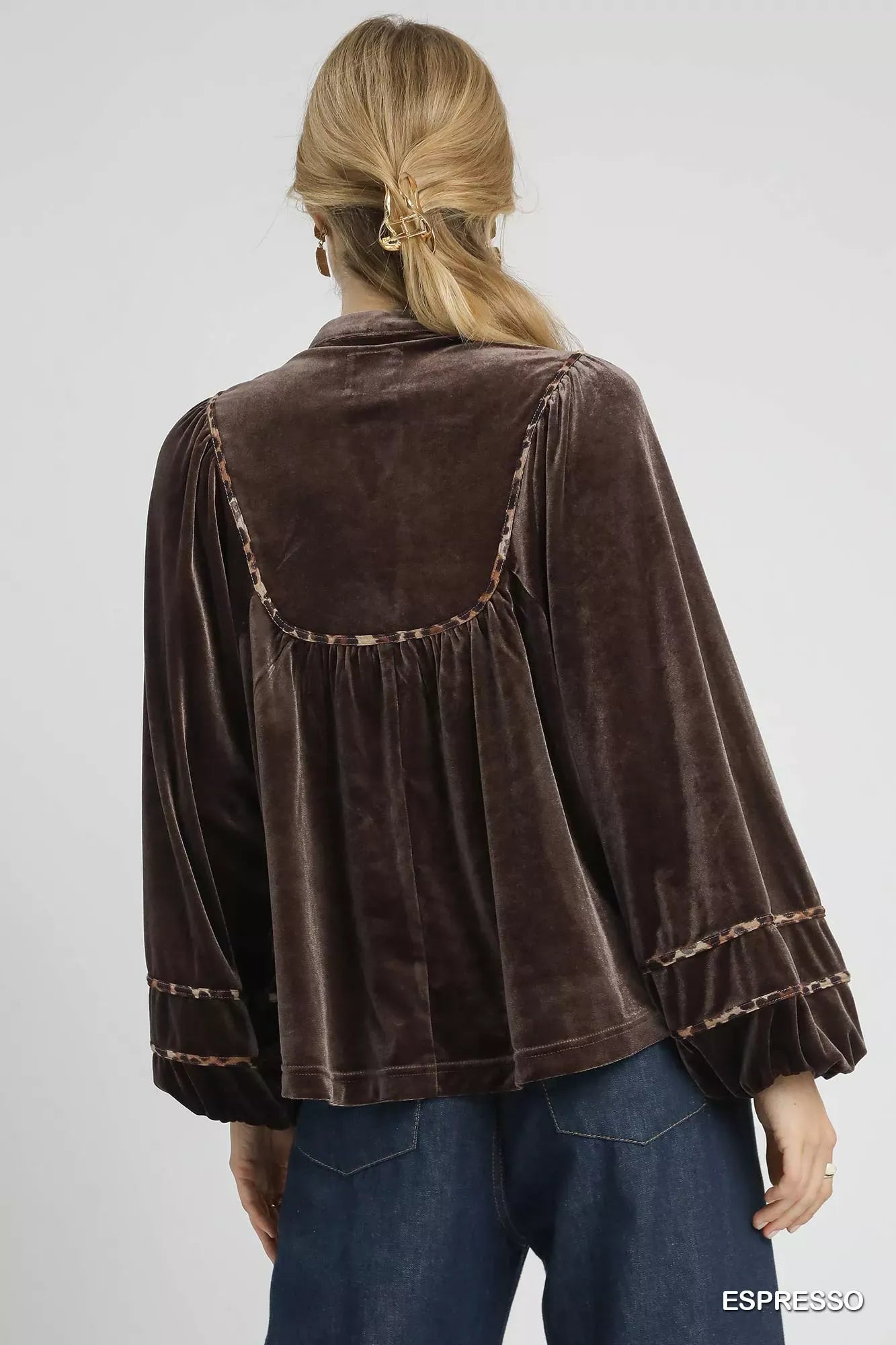 Velvet Long-Sleeve Blouse with Elegant Contrast Trim Shirts & Tops The Nichole Collection