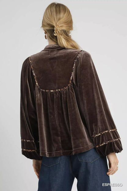 Velvet Long-Sleeve Blouse with Elegant Contrast Trim Shirts & Tops The Nichole Collection