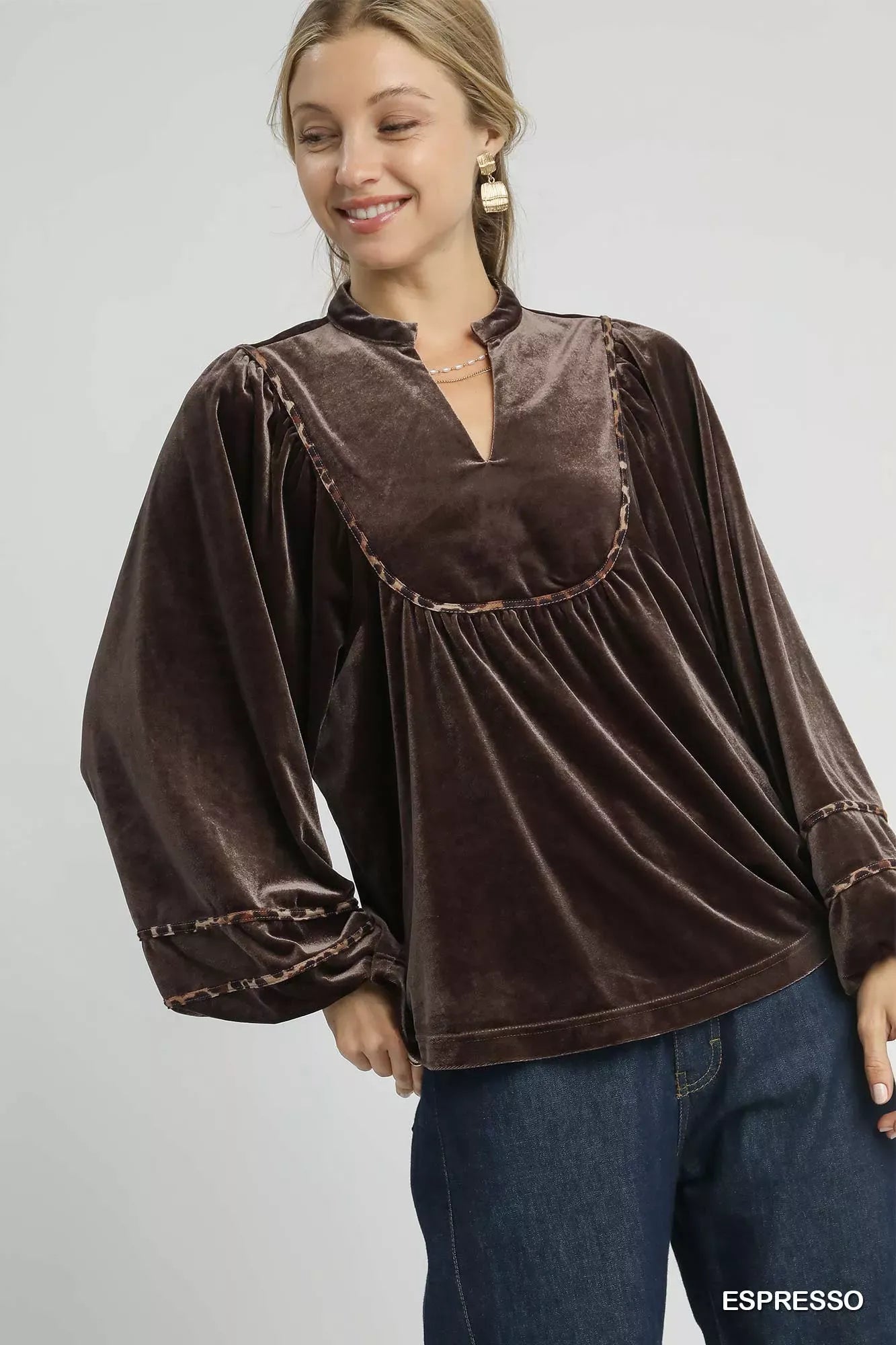 Velvet Long-Sleeve Blouse with Elegant Contrast Trim Shirts & Tops Espresso / S The Nichole Collection