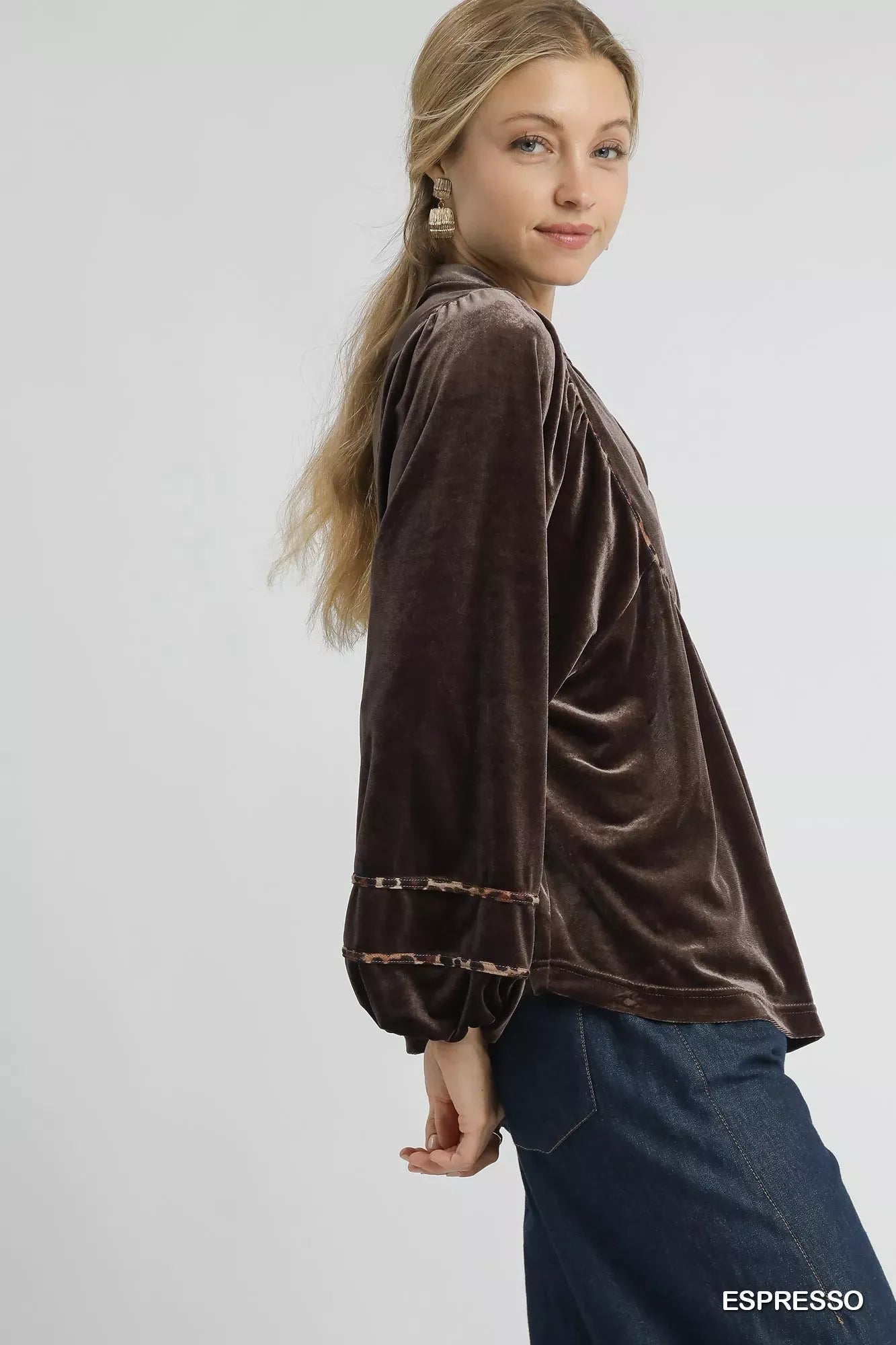 Velvet Long-Sleeve Blouse with Elegant Contrast Trim Shirts & Tops The Nichole Collection