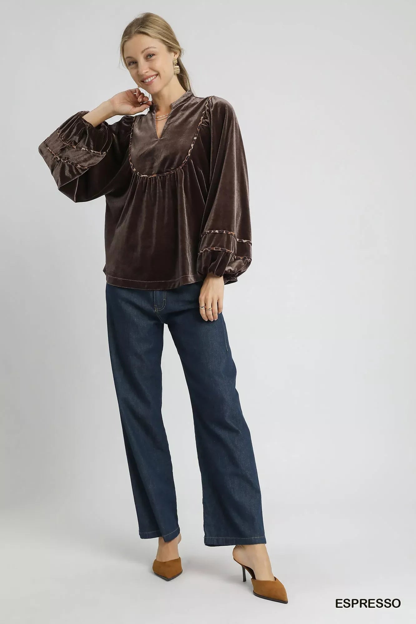 Velvet Long-Sleeve Blouse with Elegant Contrast Trim Shirts & Tops The Nichole Collection