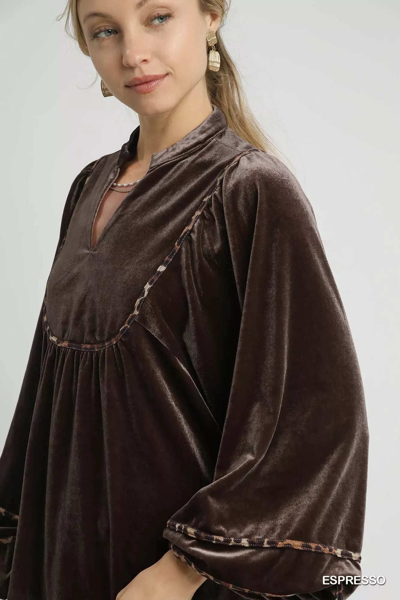 Velvet Long-Sleeve Blouse with Elegant Contrast Trim Shirts & Tops The Nichole Collection