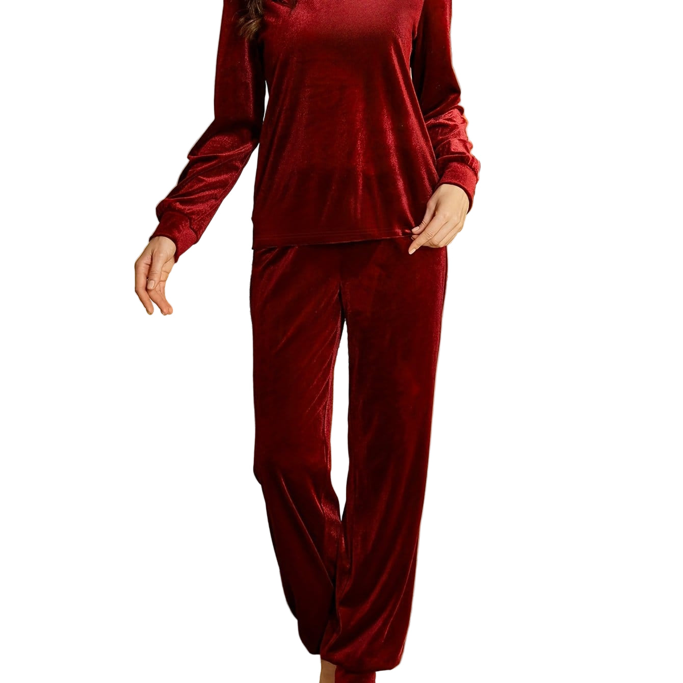 Velvet Luxe Loungewear – Elegant Burgundy Long-Sleeve Top & Soft Lounge Pants Loungewear S / Red The Nichole Collection
