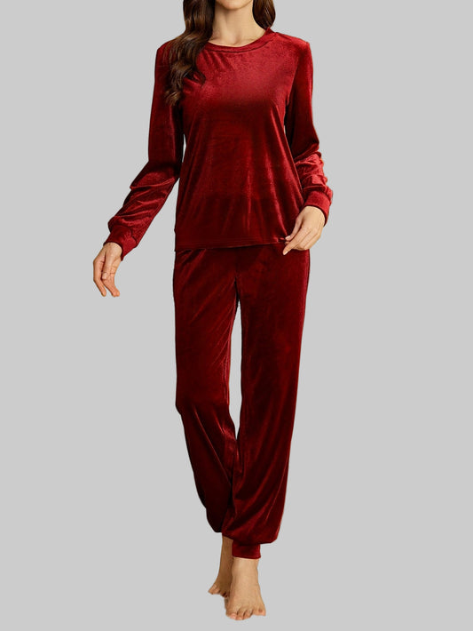 Velvet Luxe Loungewear – Elegant Burgundy Long-Sleeve Top & Soft Lounge Pants Loungewear The Nichole Collection