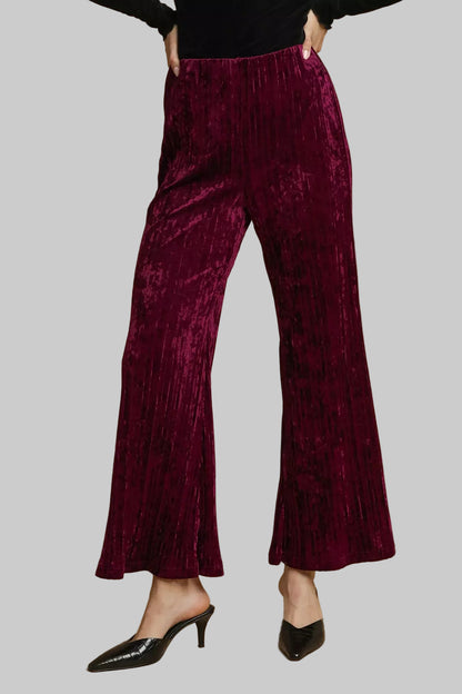 Velvet Pleated Wide Leg Pants Pants Burgundy / S The Nichole Collection