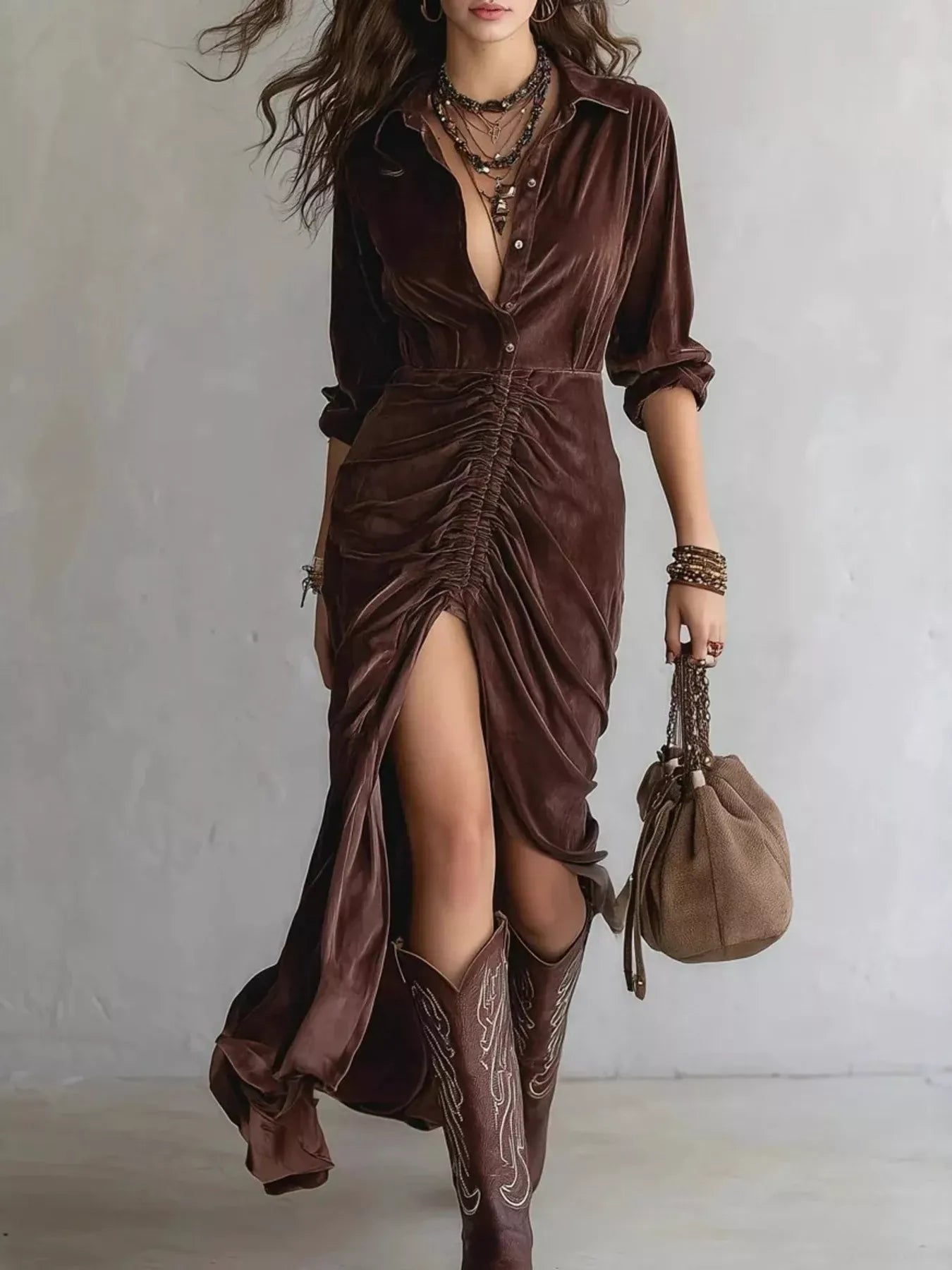 Velvet Ruched Slit Long Sleeve Dress Reddish Brown / XS The Nichole Collection