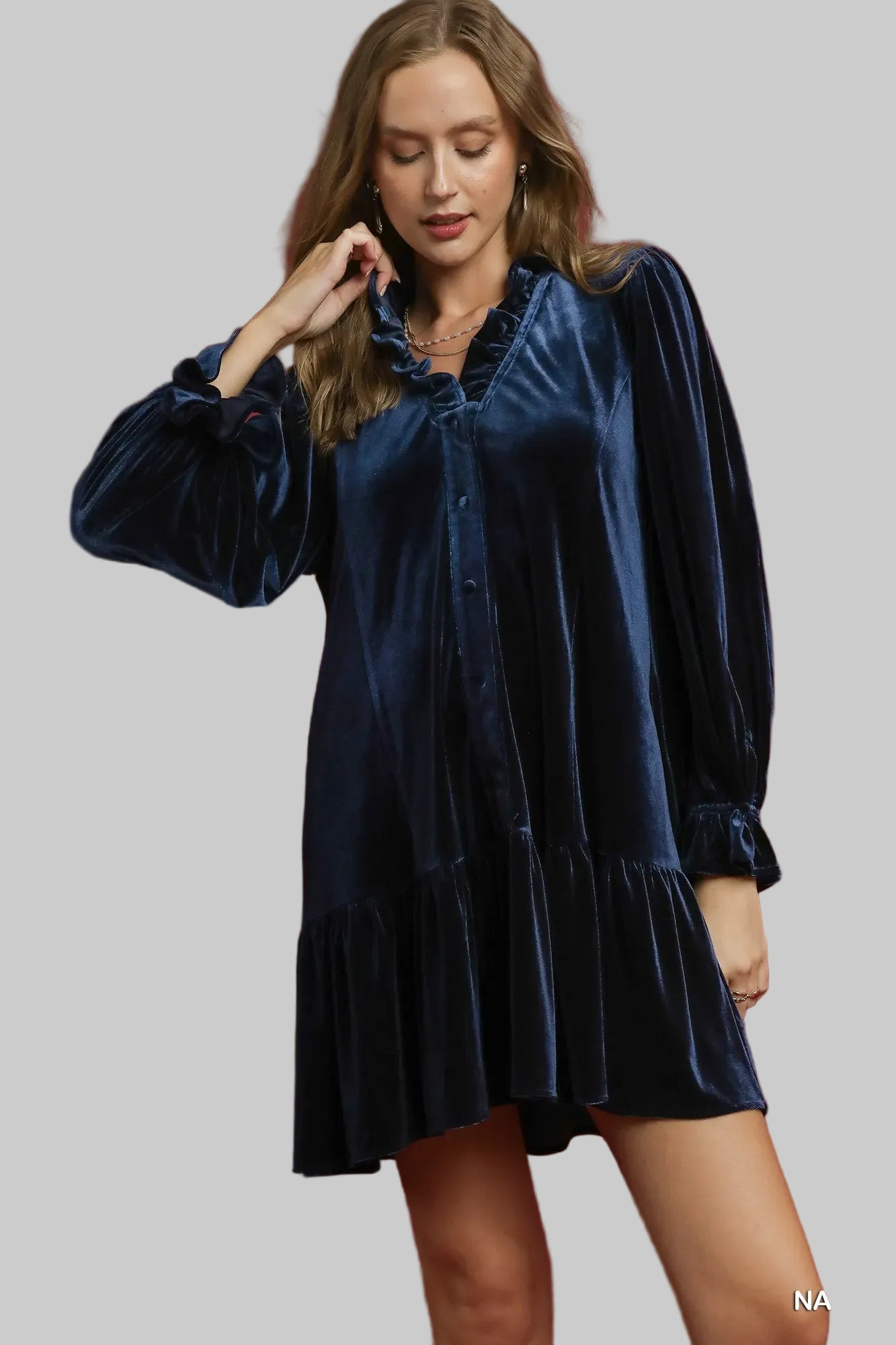 Velvet Ruffle Trim Mini Dress Dresses Navy / S The Nichole Collection