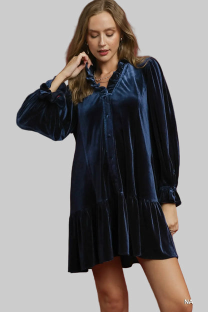 Velvet Ruffle Trim Mini Dress Dresses Navy / S The Nichole Collection