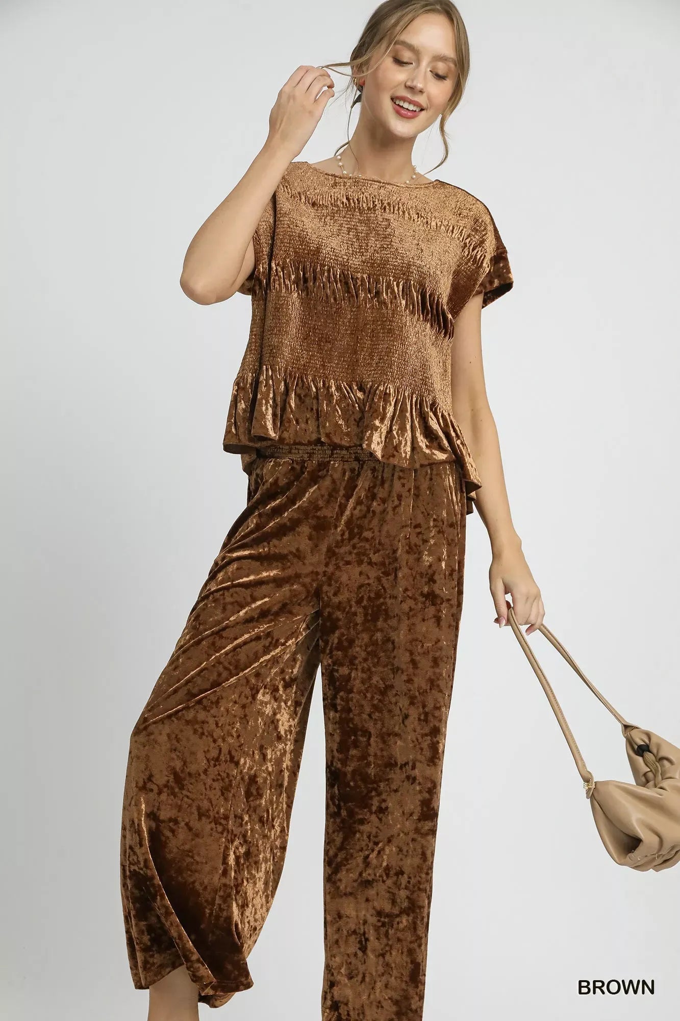 Velvet Smocked Waistband Wide Leg Pants Pants The Nichole Collection