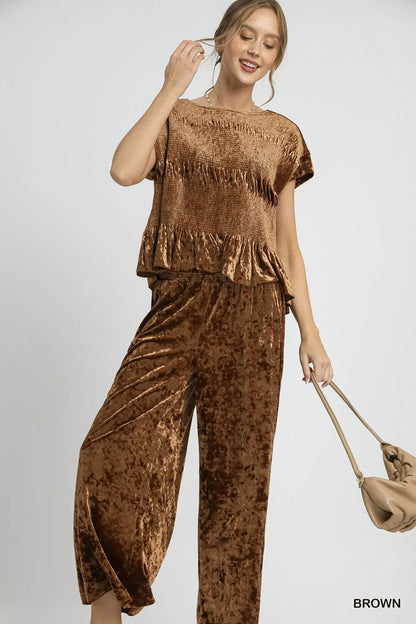 Velvet Smocked Waistband Wide Leg Pants Pants The Nichole Collection