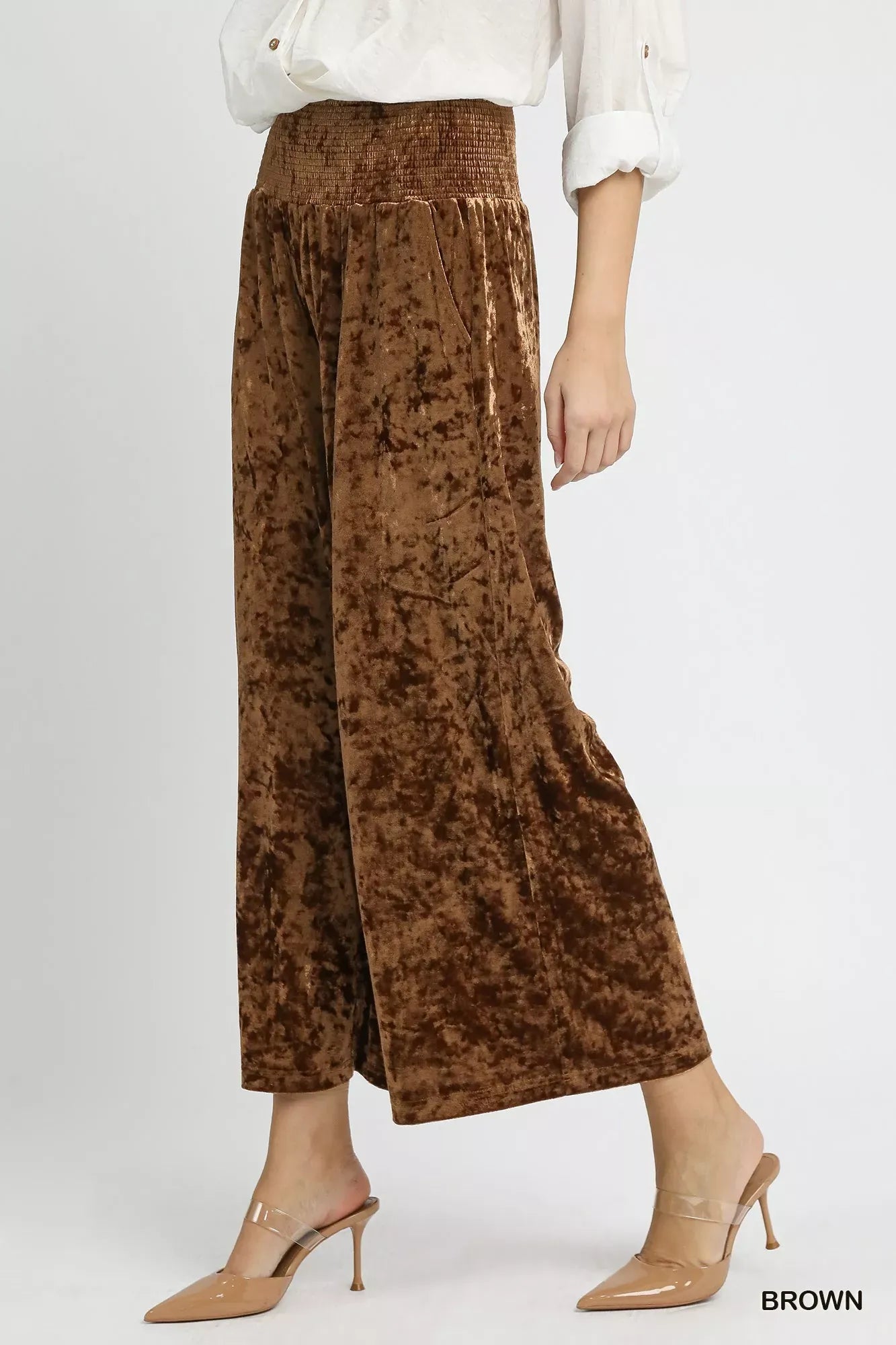 Velvet Smocked Waistband Wide Leg Pants Pants The Nichole Collection