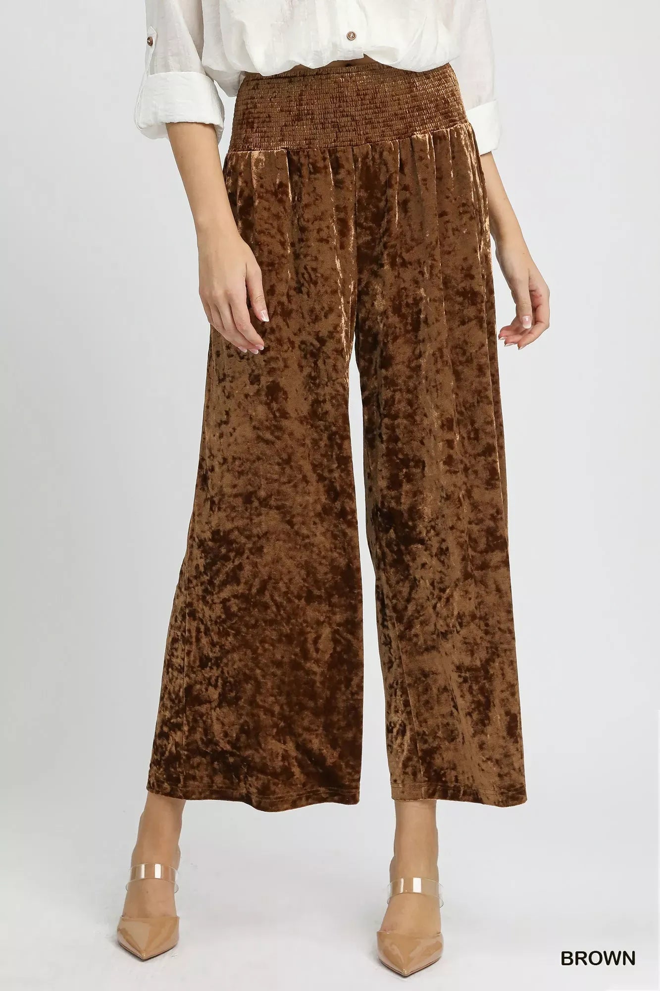 Velvet Smocked Waistband Wide Leg Pants Pants Brown / S The Nichole Collection