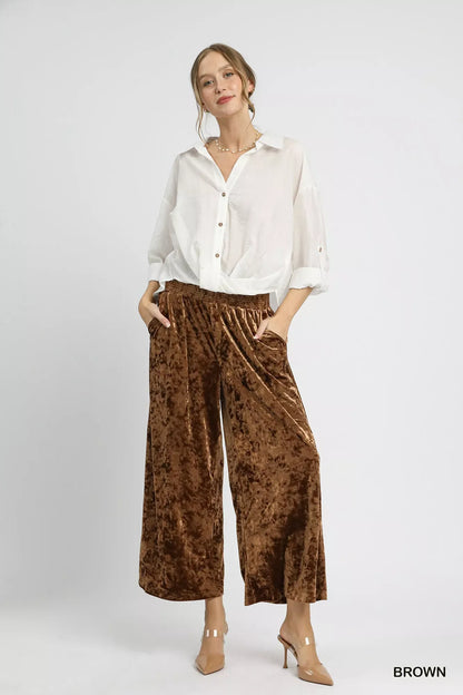 Velvet Smocked Waistband Wide Leg Pants Pants The Nichole Collection