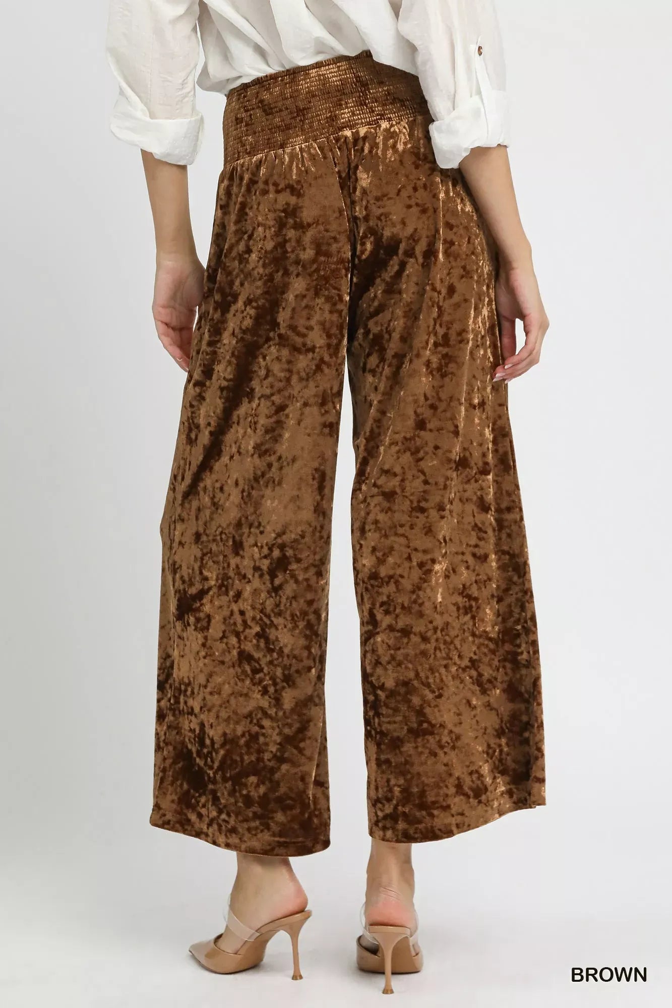 Velvet Smocked Waistband Wide Leg Pants Pants The Nichole Collection