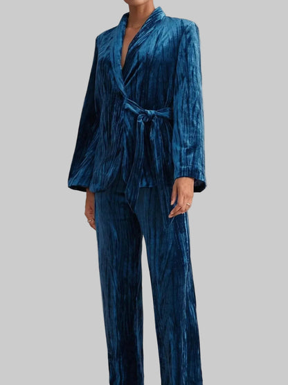 Velvet Tie Waist Blazer and Pants Set Two Piece Pants Sets The Nichole Collection