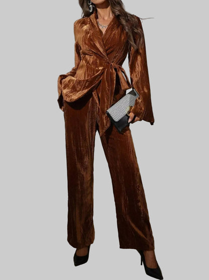 Velvet Tie Waist Blazer and Pants Set Two Piece Pants Sets Brown / S The Nichole Collection