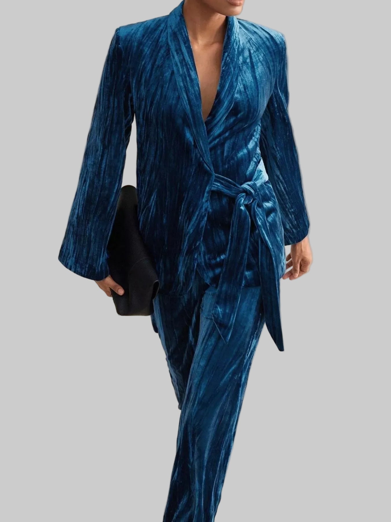 Velvet Tie Waist Blazer and Pants Set Two Piece Pants Sets Blue / S The Nichole Collection
